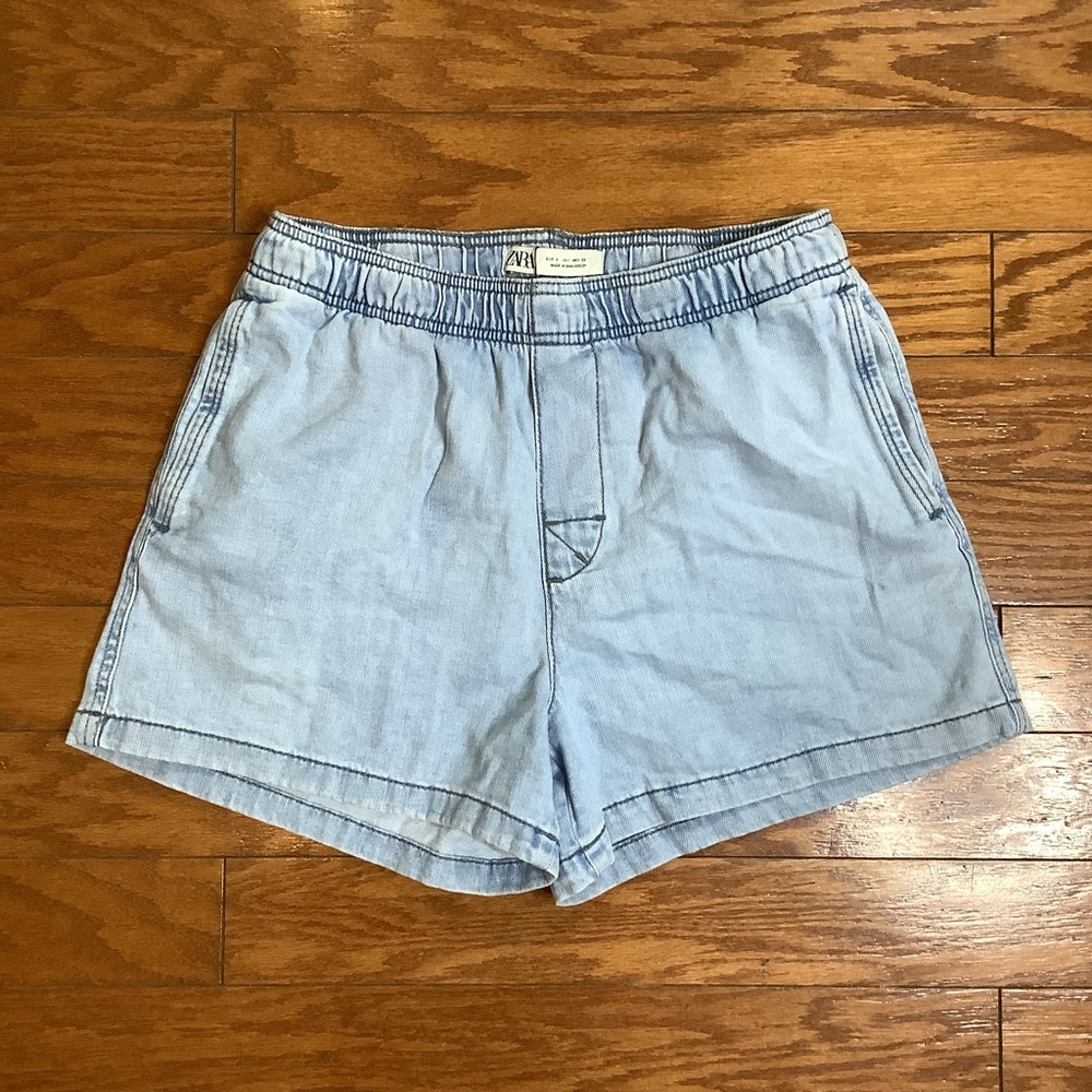 Zara Sky Blue Elastic Waist Relaxed Jogger Shorts NWT